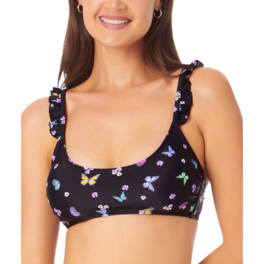 NWT California Waves‎ Juniors sz M BLACK PRINT Ruffle Bralette Bikini Swim Top